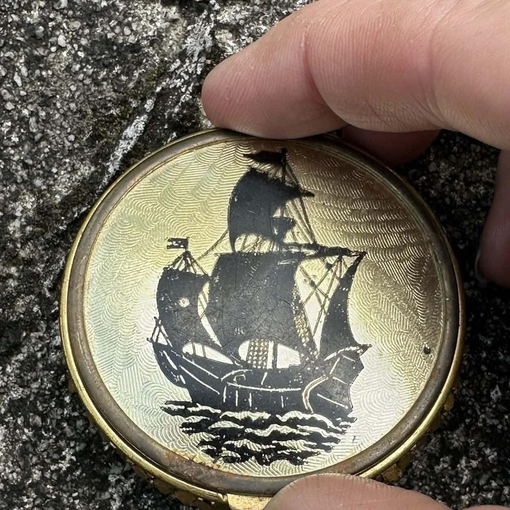 VTG Galleon Ship Powder Compact Gold Tone Guilloché Foil Nautical Vanity Compact